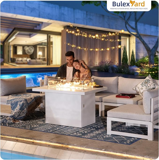 BULEXYARD 9 Piece Luxury Aluminum Outdoor Sectional Sofa with Fire Pit Table, Extra Large L Shaped Patio Furniture Set, 29" Deep Wide Seating, Comfortable Durable Conversation Set for 500 lbs, White