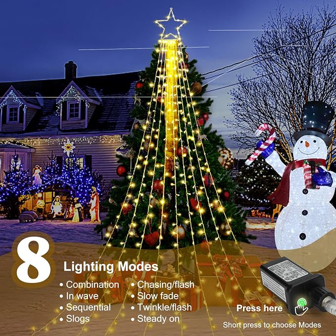 (New Christmas Decoration Lights, 320 LED Waterfall Christmas Tree Lights with 12" Star Topper, 8 Modes Indoor Outdoor String Lights for Yard, Party, Home, Holiday (Warm White)