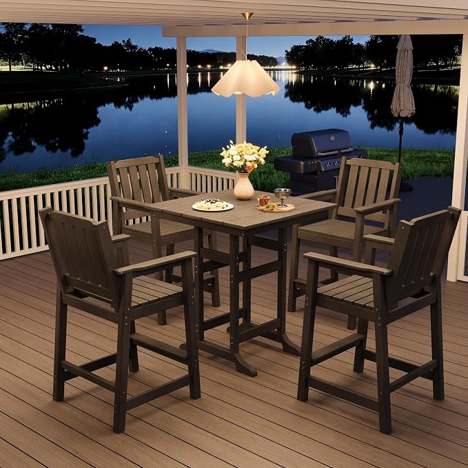 Takywep Set of 4 HDPE Wood Grain Outdoor Bar Stools, 27.7" High Counter Height Chairs with Armrests and Back, Weatherproof Pub Seating for Patio, Balcony, Garden, Deck, Backyard, Dark Grey