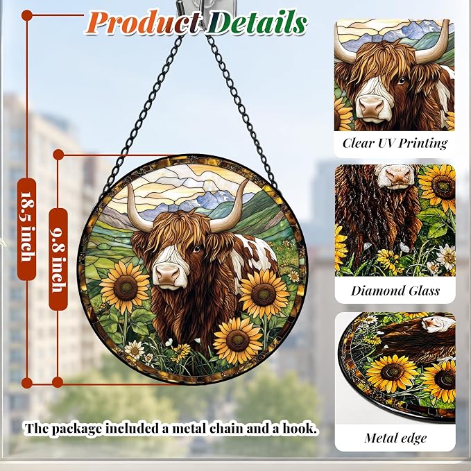 Highland Cow Stained Glass Suncatcher Window Hanging Gifts for Women Men | 9.8in Garden Sun Catcher, Cow Sunflowers Ornament for Windows Door Home, Mother's Day Birthday Gifts for Animal Lovers