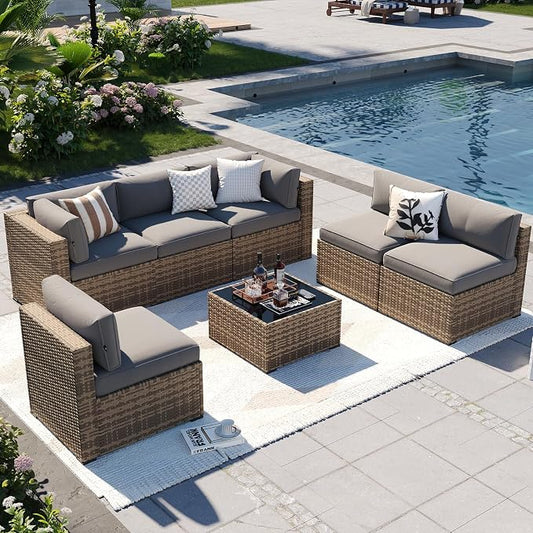 Aoxun Patio Furniture Sets, 7-Piece Outdoor Patio Furniture with Thick Cushions, Wicker Outdoor Conversation Set Sectional Sofa for Backyard, Poolside, Garden (Included Waterproof Cover