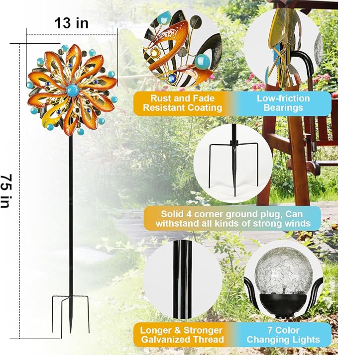 MLKNK Wind Spinners for Yard and Garden - Wind Sculptures & Spinners | Wind Spinners Outdoor 75 Inch, Kinetic Art with Solar Powered Multi-Color Glass Ball Light