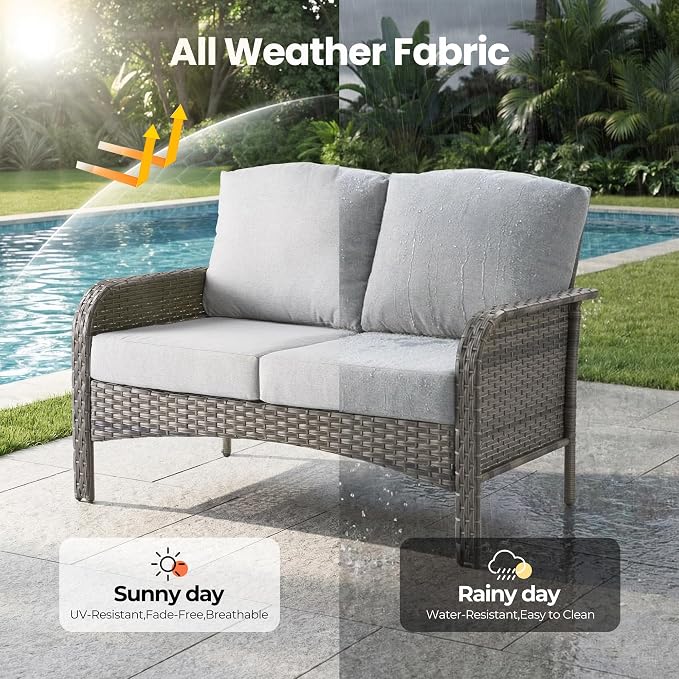 Weaxty 7 Pieces Patio Furniture Set,Wicker Outdoor Swivel Rocking Chairs,Rattan Loveseat Couch,Coffee Table,Patio Sofa Conversation Sets for Deck Backyard Porch Poolside, Dark Gray