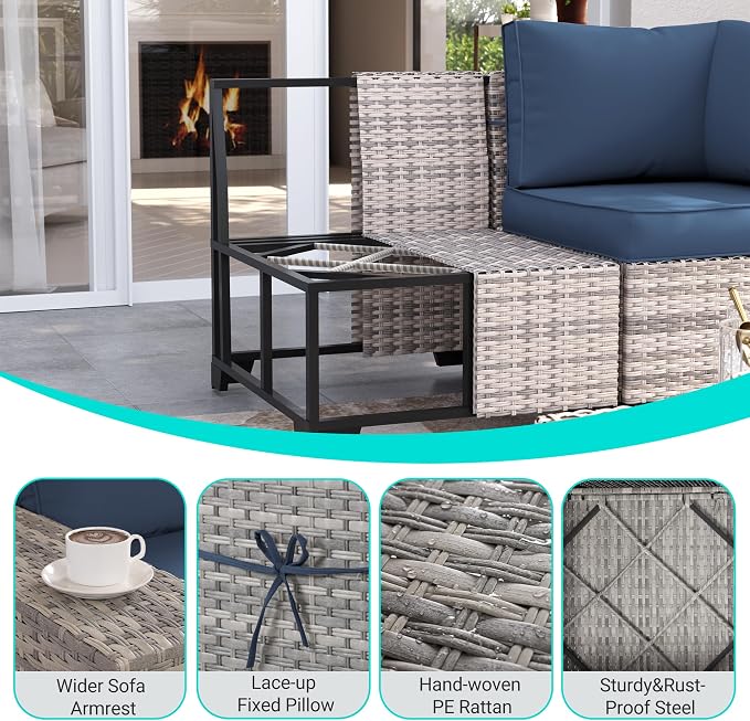 9-Piece Outdoor Patio Furniture Set with 55,000 BTU Fire Pit Table, PE Wicker Rattan Sectional Sofa Patio Conversation Set with Ottomans & Coffee Table, Dark Blue