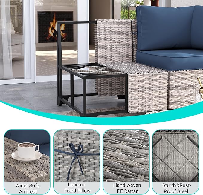 13-Piece Outdoor Patio Furniture Set with Rocking Swivel Chair, PE Wicker Rattan Sectional Sofa Patio Conversation Set with 55,000 BTU Fire Pit Table & Coffee Table, Navy Blue