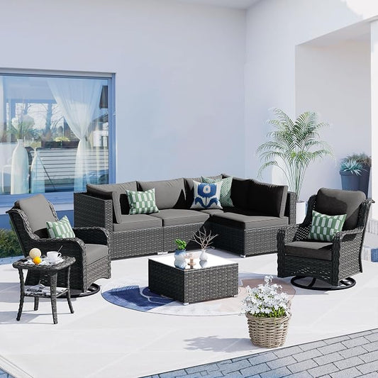 HOOOWOOO Patio Outdoor Sectional Furniture Sofa Set with Swivel Chairs,8 Piece L Shaped Corner Wicker Rattan Couch Set with Glass Table,Modern 6 Persons Summer Patio Conversation Set(Black)