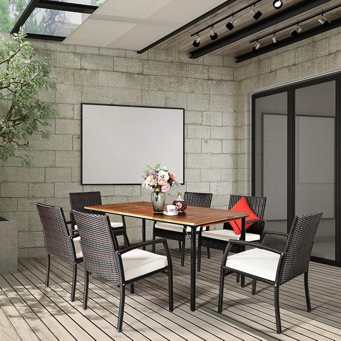 COSTWAY 7-Piece Outdoor Patio Furniture Set, Rattan Dining Table & Chairs with Cushions, Umbrella Hole & Tempered Glass Tabletop, Modern Garden Rattan Set for Backyard, Poolside, Balcony (White)