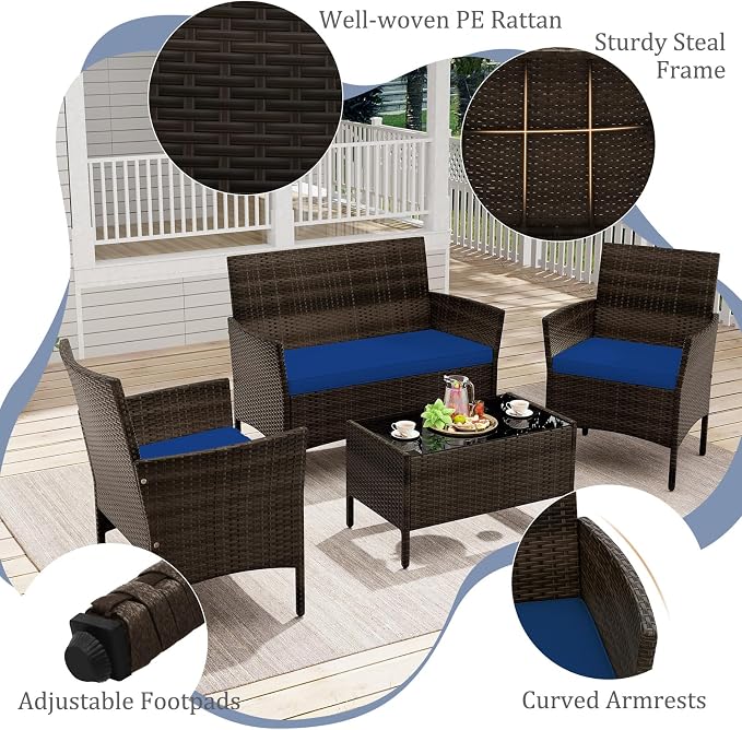 4 Piece Patio Furniture Set, Sectional Conversation Sofa Set with Glass Coffee Table, Cushions & Loveseat, Wicker Outdoor Table and Chairs for Pool, Garden, Deck, Backyard (1, Navy)