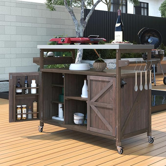 Large Outdoor Rolling Patio Bar Table Cart, Outdoor Kitchen Island Cart Grill Table, Farmhouse Solid Wood Outdoor Serving Cart Prep Table with Stainless Steel Top for Grill/Kitchen, Dark Brown