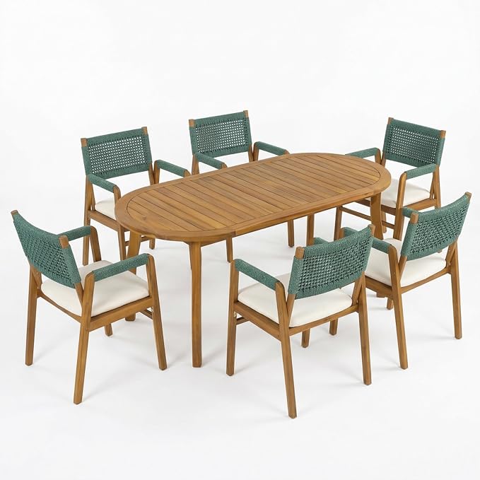 Christopher Knight Home 7-Piece Outdoor Dining Set, 70" Oval Acacia Wood Patio Table, Teak Finish with 6 Armchairs, Beige Cushions and Rope Woven Back Chairs for Backyard Garden Deck