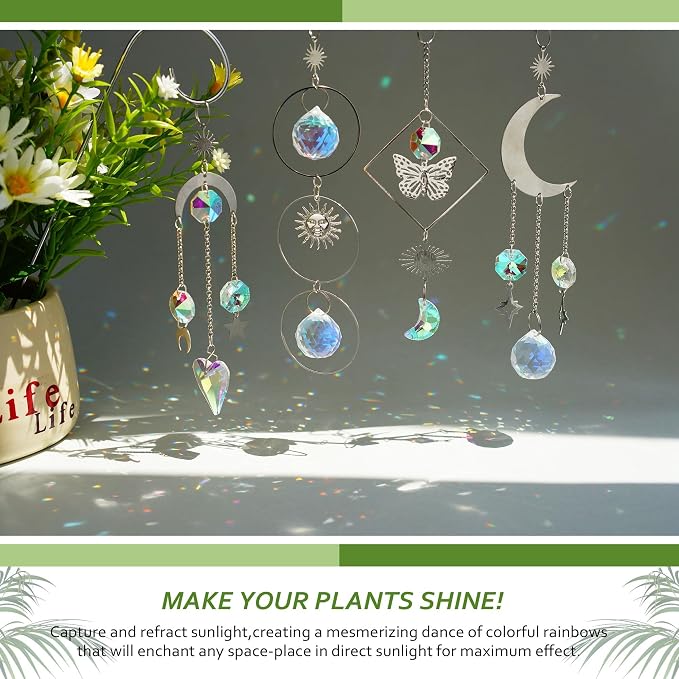 4 Pack Crystal Sun Catchers with 13.5'' Small Trellis for Potted Plants | Sliver,Indoor Plant Accessories,Fairy Garden Stakes Suncatcher Decoration for Home Window,Gift For Plant Lovers and Gardeners