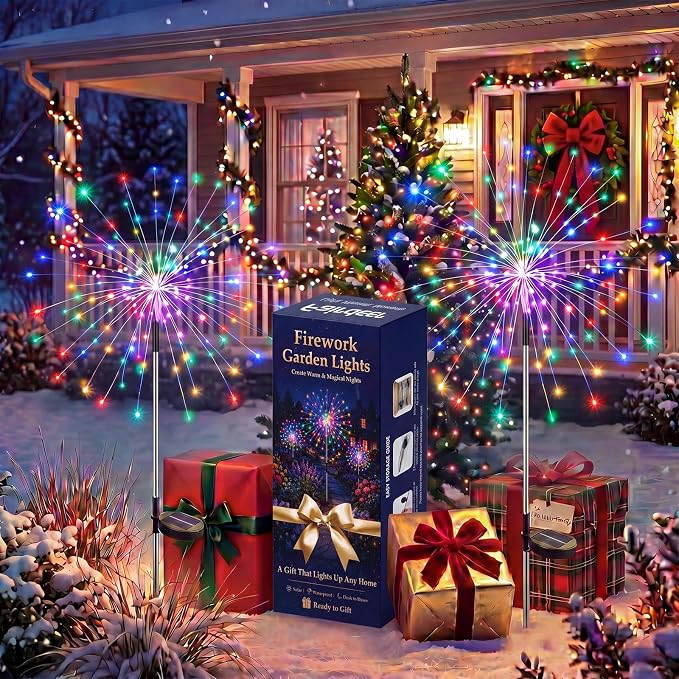 Solar Firework Lights Outdoor 2 Pack, 120LED Solar Starburst Garden Lights with 8 Modes, Waterproof Decorative Sparkle Light for Backyard, Garden, Patio Lawn Landscape & Halloween Party Decor