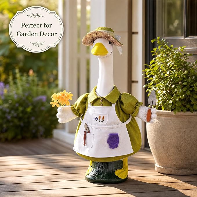 Spring Gardener Porch Goose Outfit for 23 Inch Plastic Cement Goose Statue, Goose Outfit Clothes with Hat, Felt Tools & Flower for Outdoor Garden Yard Patio Art Decor
