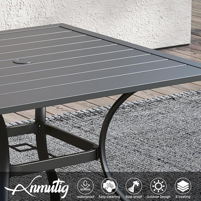 5 Piece Outdoor Black Stackable Chair and 35" Square Table Patio Dining Set | 4 Piece Stackable Chairs, Textilene Seat&Back, Metal Table, Slat Table Top, 4 Person Use, 1.57" Umbrella Hole, All Weather