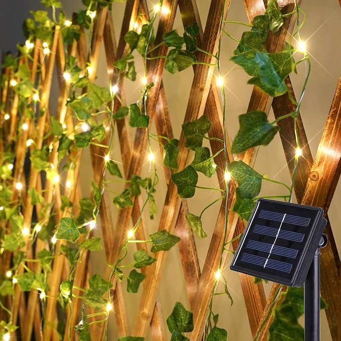 Solar Ivy String Lights, 33Ft 100 LED Vines with Lights Warm White
