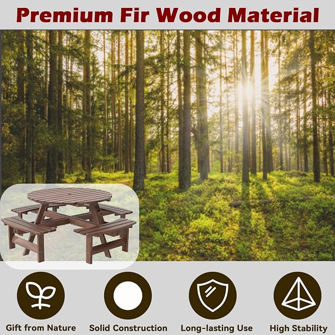 HAPPYGRILL 8-Person Wood Picnic Table Bench Set, Round Camping Table w/Umbrella Hole, Circular Outdoor Table w/4 Built-in Curved Benches, for Patio, Garden, Backyard, Porch (Brown)