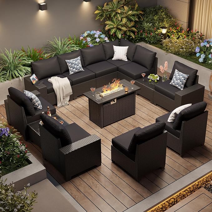 Aoxun Patio Furniture Sets with 44'' Fire Pit, 13 Pcs Outdoor Patio Coversation Set with 4in Thicken Cushion, Widen Armrests Wicker Outdoor Sectional for Backyard (Waterproof Cover Include)