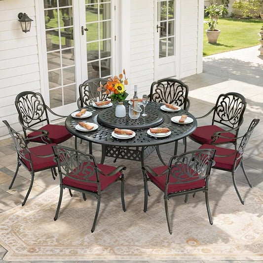 9-Piece Patio Furniture Dining Set, All Weather Cast Aluminum Outdoor Conversation Set- 61" Round Patio Dining Table with Detachable Lazy Susan & 8 Cushioned Chairs, Umbrella Hole, Chili Red