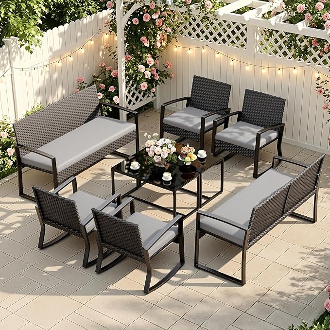 Ahomly 8 Piece Outdoor Patio Furniture Set, Outdoor Wicker Patio Furniture with Glass Coffee Table, Modern Rattan Rocking Chairs Conversation Set, for Porch, Garden, Lawn,Grey Cushion