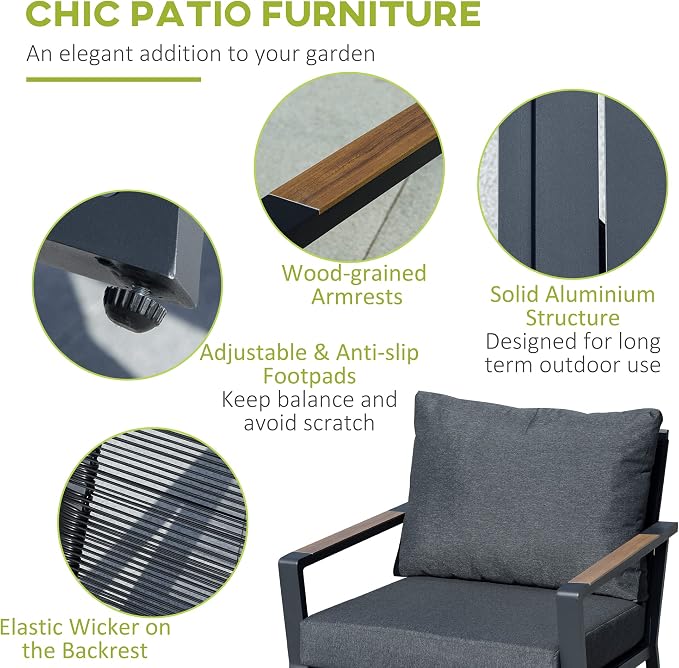 Outsunny 4 Piece Patio Furniture Set, Aluminum Conversation Set, Outdoor Garden Sofa Set with Armchairs, Loveseat, Center Coffee Table and Cushions, Dark Grey