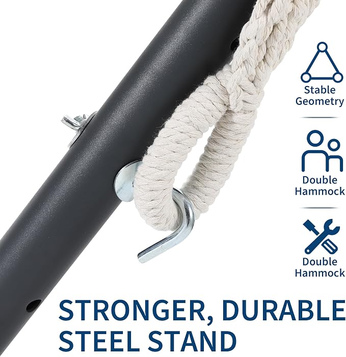 Double Hammock with Steel Stand - 2 Person Hammock Bed Indoor Outdoor, Brazilian-Style, with Carry Bag, 450lb Capacity, Portable & Easy Assembly, Blue&White