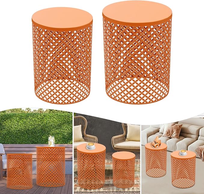 2PCS Outdoor Side Table, Modern End Table Cylindrical Metal Frame Accent Table, Metal Frame Accent Table for Gardens, Balconies, Bedrooms, Living Rooms (Orange)