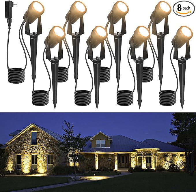 85.3FT LED Outdoor Landscape Spot Light Low Voltage, 24W Wired Uplight with Transformer, IP65 Waterproof Outside Plug-in lighting for Garden House Yard Tree Pathway, Warm White 3000K, Pack of 8