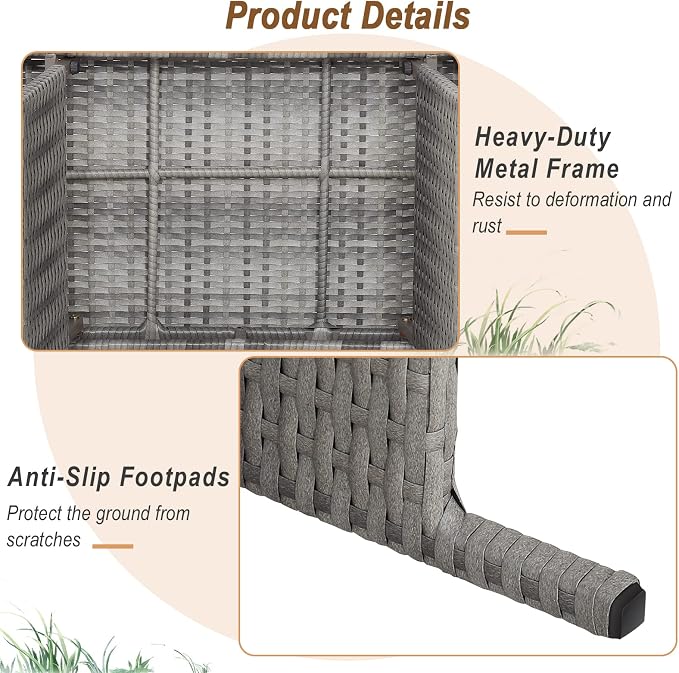 RELAX4LIFE Patio Rattan Side Table - Folding Coffee Table with Premium Brown PE Wicker & High-Duty Steel Frame, Outdoor Beside Table for Garden, Courtyard, Poolside (Gray)