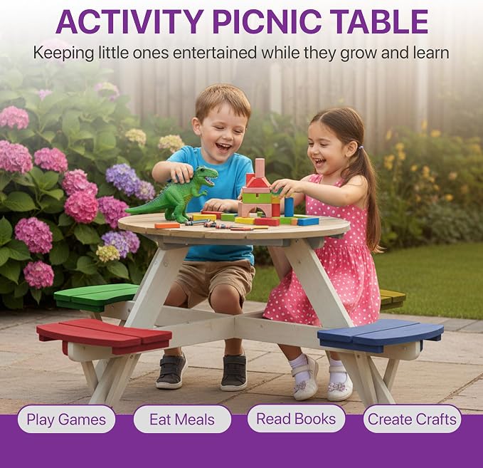 Plum® Kids Picnic Table - Wooden Toddler Table and Chairs Set, Outdoor Furniture for Patio, Garden, Backyard Dining & Activity, 4 Built-in Benches, Sturdy, Durable, Weatherproof, Ages 3+, Natural