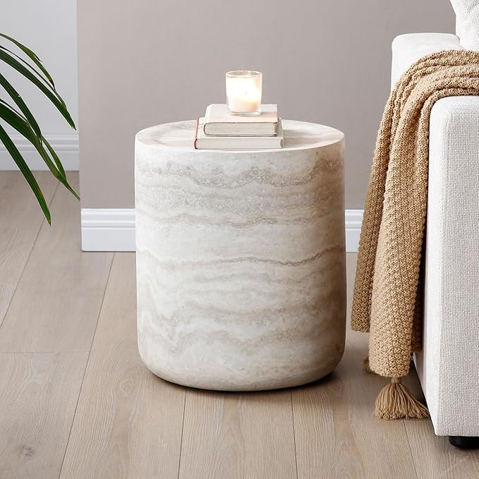 15.74" Round Side Table Small Faux Marble Pattern Coffee Table French Country Rustic Side Table End Table for Living Room,No Need Assembly.Light GrayØ15.74"