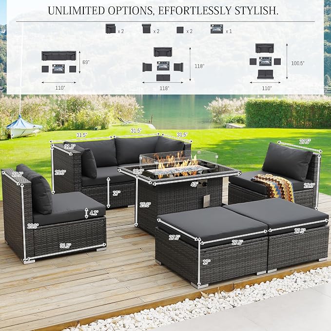 BULEXYARD 7 Piece High Back Outdoor Sectional Set with Fire Pit Table, Modern Wicker Patio Furniture Set Weather-Resistant, Modular 6-Person Couch Sofa Comfortable Wide Deep Seats for Backyard, Grey