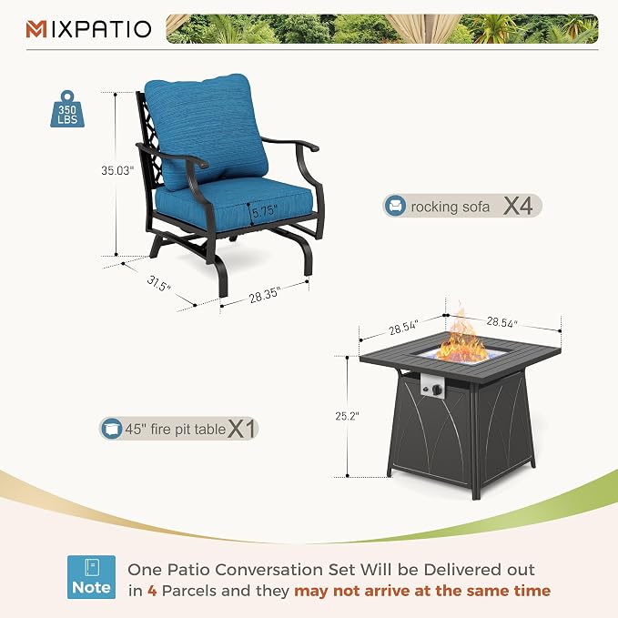 MIXPATIO Patio Furniture Set with Fire Pit Table, 5 Pcs Metal Outdoor Conversation Set, 4 Rocking Chairs with 5.75" Extra Thick Cushion and 28" Fire Pit Table for Backyard Deck, Green Blue