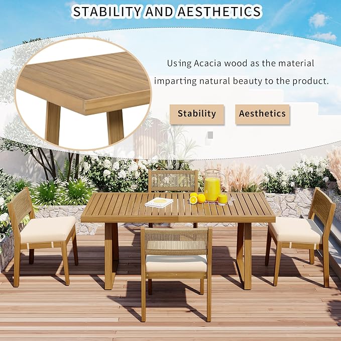 VilroCaz 5 Pieces Patio Dining Set, Acacia Wood Dining Table and Chair Set, All-Weather Outdoor Conversation Set Gathering Set with Thick Cushions for Garden Backyard Balcony (Beige+Acacia5)