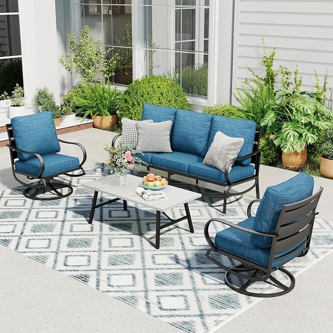 Sophia & William Patio Furniture Sets 5 Seats Outdoor Metal Conversation Sets with 2 x Cushioned Swivel Sofa Chairs,1 x 3-Seat Sofa, 1x Marbling Metal Coffee Table Lawn Backyard Poolside Peacock Blue