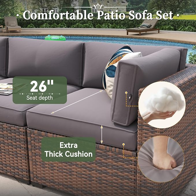 Aoxun 11 Piece Patio Furniture Set Wicker Rattan Patio Conversation Set Outdoor Sectional Sofa Set with Coffee Table and Thickened Cushions, Gray