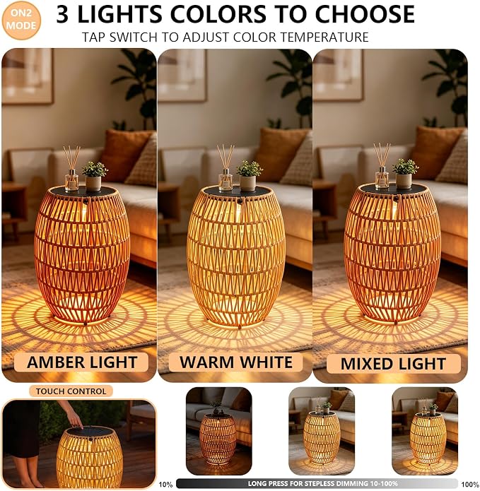 Solar Outdoor Side Table, Boho Handwoven Drum Rattan, 12.8" D x 16.9" H | 3-Color Temperature Light, Patio End Table, Dusk to Dawn Auto Sensor, IP65 Waterproof, For Porch Balcony Garden