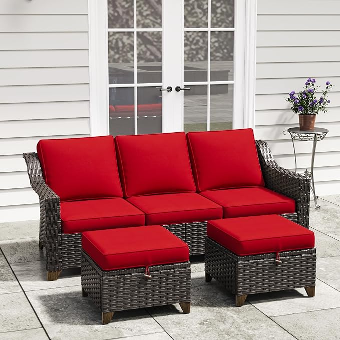 3 Pieces Outdoor Conversation Furniture Set - 77" Patio Sofa, 2 Rattan Wicker Ottomans, Patio Wicker Couch Set with Water-Resistant and Washable Cushions for Sunroom, Deck, Porch (Red)