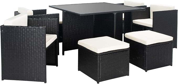 SAFAVIEH Outdoor Collection Klena Black Rattan/Beige Cushion 9-Piece Patio Backyard Dining Set