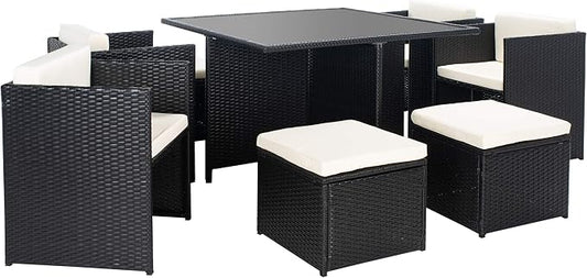 SAFAVIEH Outdoor Collection Klena Black Rattan/Beige Cushion 9-Piece Patio Backyard Dining Set