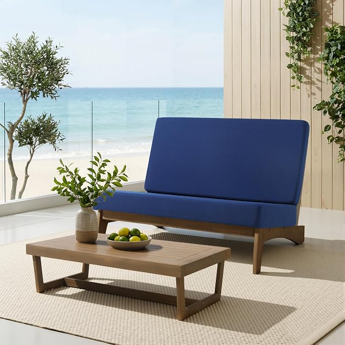 4 Piece Wood Outdoor Patio Frutnire Set, 4 Seater Patio Conversation Sets with Thick Cushions, Outdoor Sectional Furniture with Coffee Table - Navy Blue