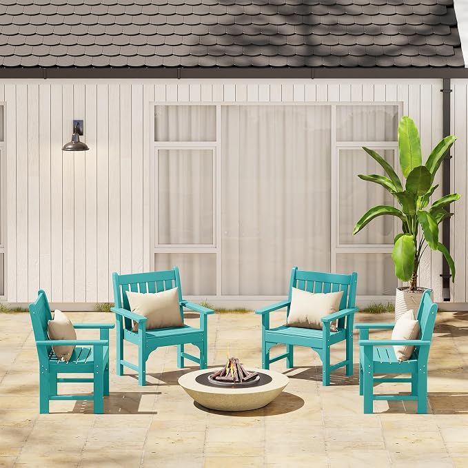 Costaelm Outdoor Dining Chairs with Arms Set of 4, Patio Dining Table Chair, HDPE Poly Lumber Waterproof Restaurant Bistro Farmhouse Chairs for Outside Porch Backyard Garden, Turquoise