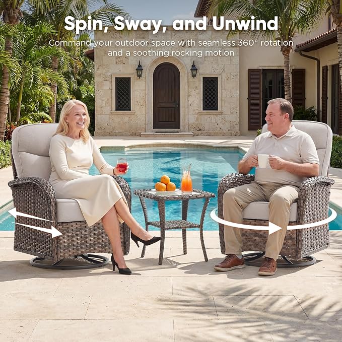 HUMMUH 5-Piece Patio Furniture Set with Upgraded 6" Thick Cushion - High Back Outdoor Swivel Rocker Chairs with 3-Seater Sofa,Ottomans,Wicker Outdoor Conversation Set for Deck,Porch,Yard,Poolside