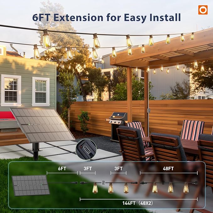 addlon 150FT(144+6) Solar String Lights Outdoor with Remote, Long-Lasting | Waterproof Patio Lights, Dimmable & Timable Hanging Solar Light with 45 LED Bulbs for Outside, Yard, Garden, Camping, Gazebo