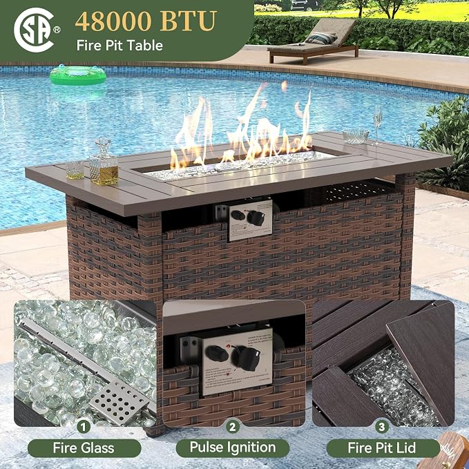 Aoxun 8 Piece Patio Furniture Set with 44” Fire Pit Table Wicker Rattan Outdoor Sectional Sofa Set with Coffee Table and Thickened Cushions, Beige