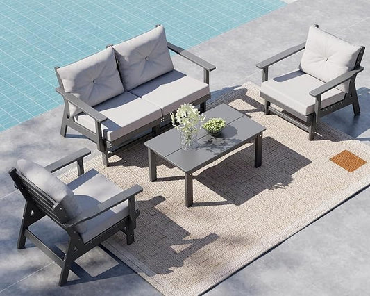 GREENVINES 5-Piece-Patio-Furniture-Set | HDPE Plastic | Outdoor Sectional Conversation Sets | All-Weather Couch | Sofa with Coffee Table | Detachable Armrests | for Deck Lawn | Gray