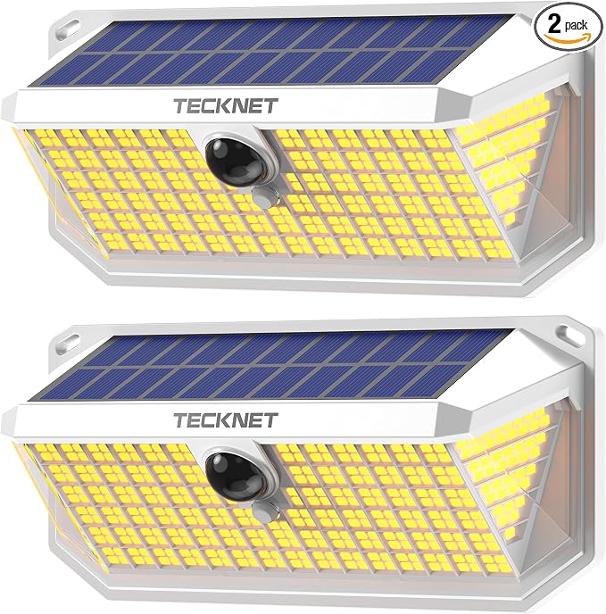 TECKNET 416 LED Solar Lights Outdoor Motion Sensor Waterproof 4200lm,2 Pack | IP66 Waterproof, 300°Wide Angle & 3 Modes Motion Sensor Solar Flood Wall Lights for Patio, Fence, Deck, Garage & Street