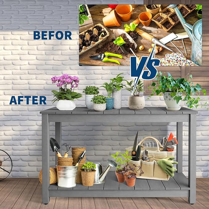 48 Inch 2-Shelf Console Table, Indoor Outdoor 2-Tier Patio Buffet Table with Adjustable Foot Pad, Wooden Bar Storage Organizer, Entryway Side Table for Patio, Porch, Backyard, Garden, Balcony