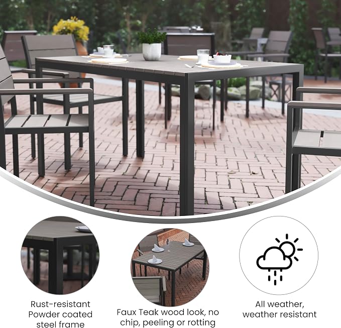 Flash Furniture Finch Commercial Grade Outdoor Dining Table 55" x 31" with Faux Teak Poly Slats and Metal Frame, Gray/Gray