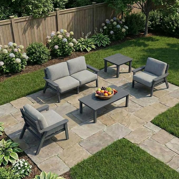 Kingdura HDPE Patio Furniture Set, 6 Piece Outdoor Sectional Sofa with Coffee Table & Side Table, All Weather Outdoor Couch Conversation Set with Washable Cushions for Backyard Poolside Balcony