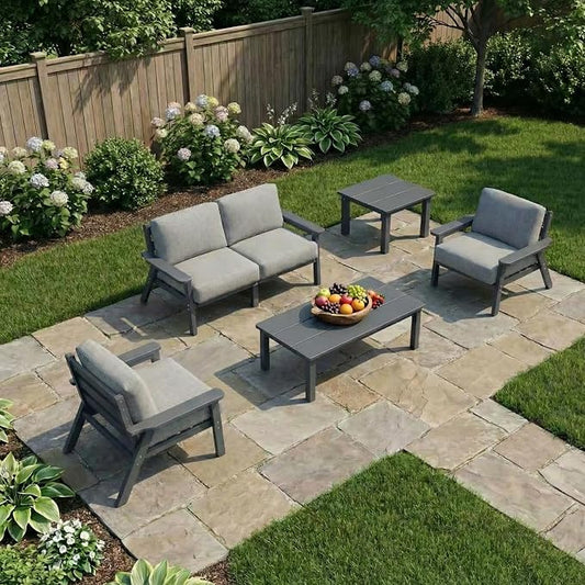 Kingdura HDPE Patio Furniture Set, 6 Piece Outdoor Sectional Sofa with Coffee Table & Side Table, All Weather Outdoor Couch Conversation Set with Washable Cushions for Backyard Poolside Balcony